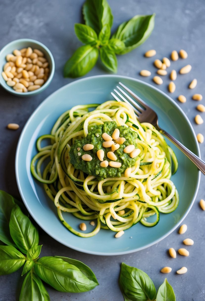 A plate of zucchini noodles topped with vibrant green pesto, surrounded by fresh basil leaves and pine nuts