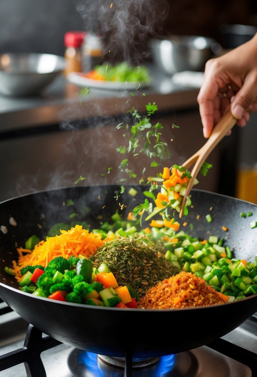 A colorful array of fresh vegetables being chopped and stir-fried in a sizzling wok, emitting a tantalizing aroma of spices and herbs