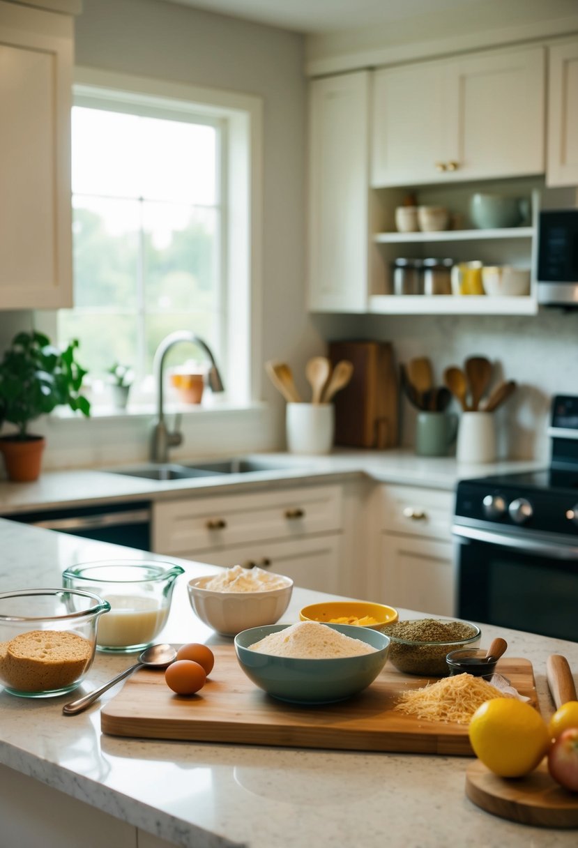 A kitchen counter with various ingredients and utensils for making quick bread