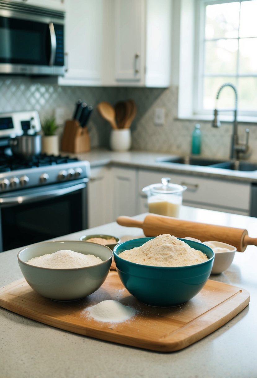 A kitchen counter with ingredients and utensils for making quick bread, including flour, yeast, a mixing bowl, and a rolling pin