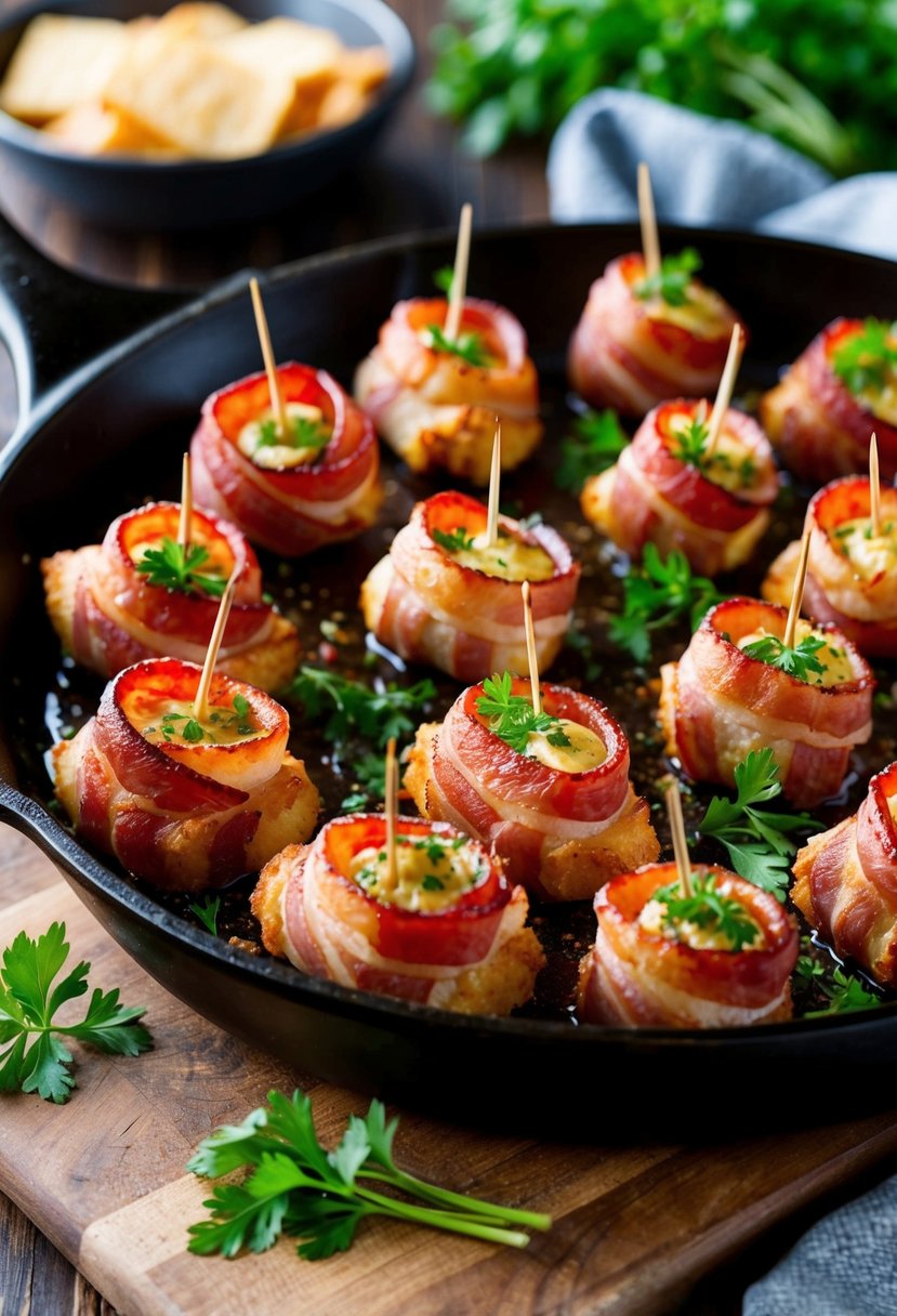 A sizzling skillet holds an array of bacon-wrapped appetizers, garnished with fresh herbs and arranged on a wooden serving board