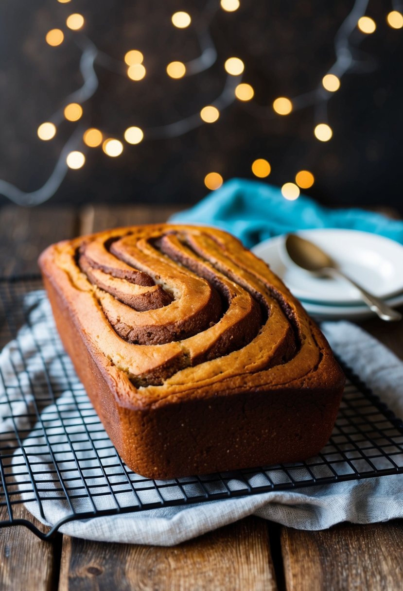 A warm loaf of cinnamon swirl quick bread cooling on a wire rack