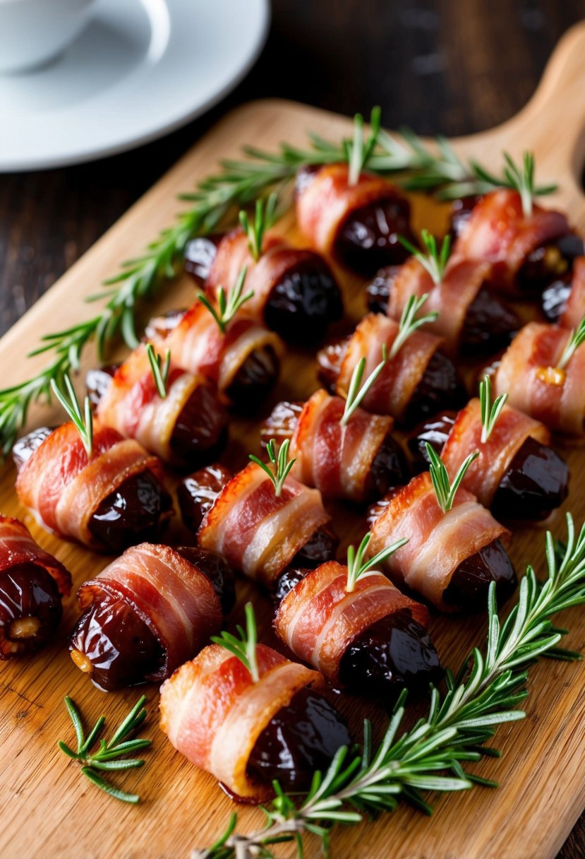 A platter of bacon-wrapped dates arranged on a wooden cutting board, garnished with sprigs of fresh rosemary