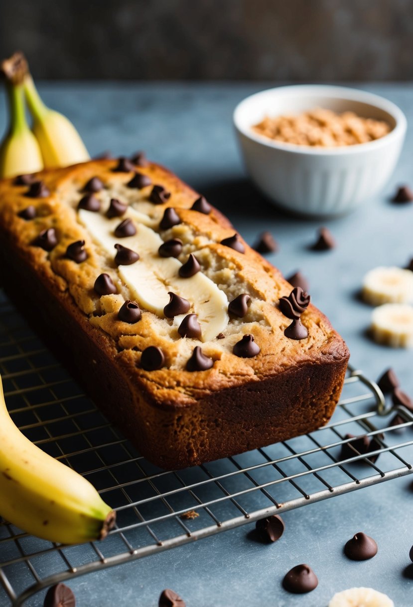 A loaf of banana bread with scattered chocolate chips cooling on a wire rack