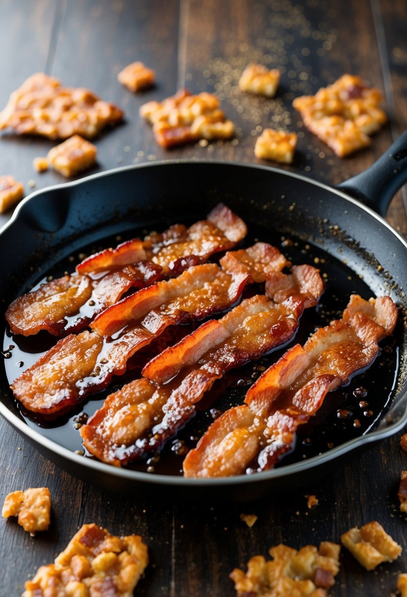 A sizzling skillet holds crispy bacon strips coated in a sweet maple syrup glaze, surrounded by scattered pieces of crunchy bacon brittle