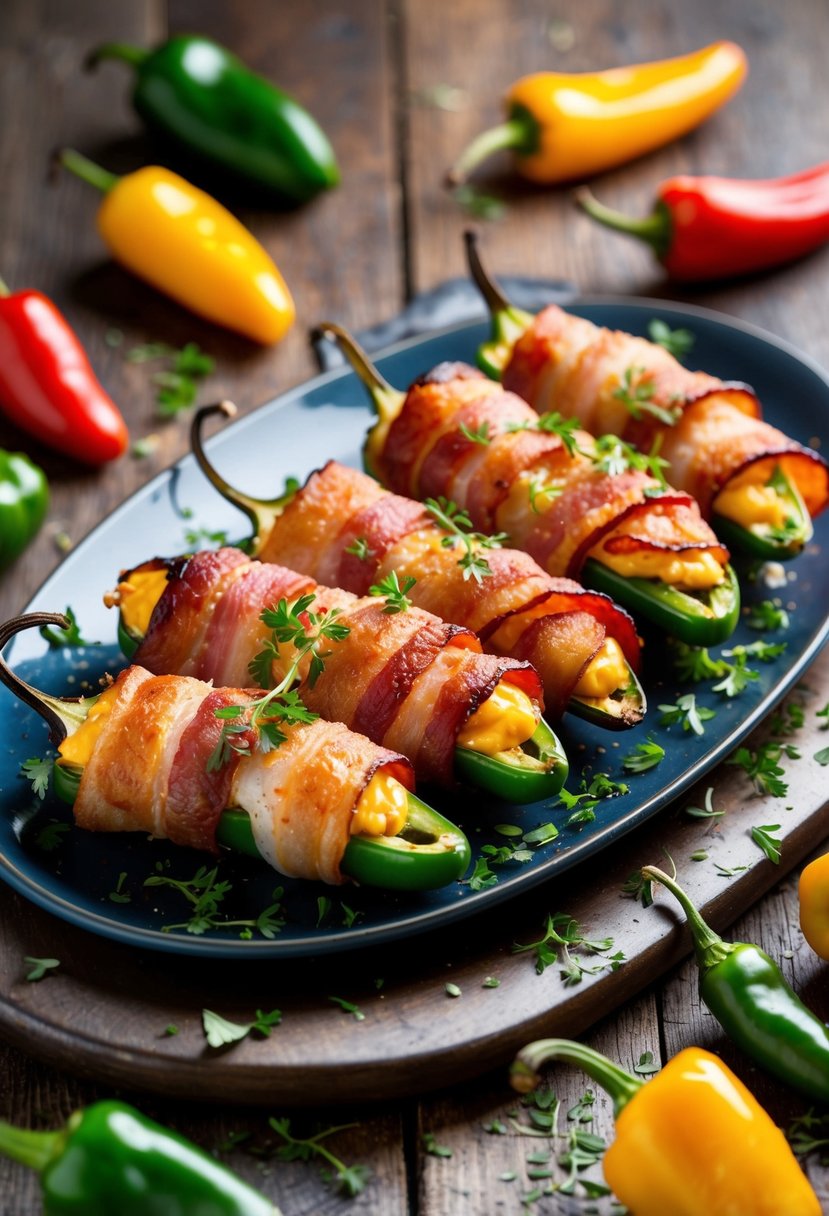 A platter of sizzling bacon-wrapped jalapeno poppers on a rustic wooden table, garnished with fresh herbs and surrounded by a scattering of colorful chili peppers