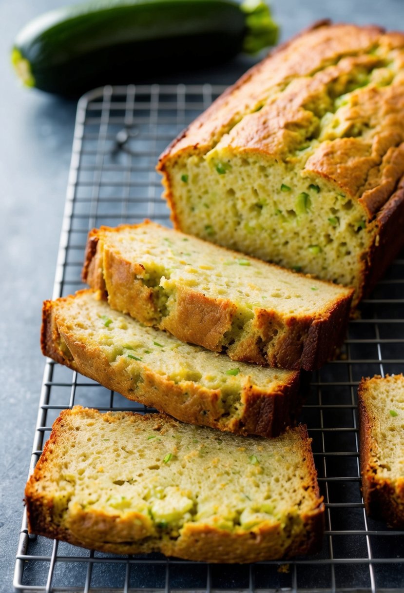 A freshly baked loaf of zucchini bread cooling on a wire rack. A few slices have been cut, revealing the moist, green-flecked interior