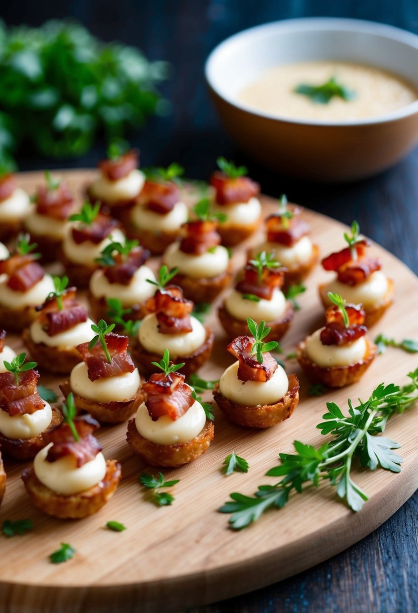 A platter of bacon cream cheese bites arranged on a wooden board with garnishes of fresh herbs and a side of dipping sauce