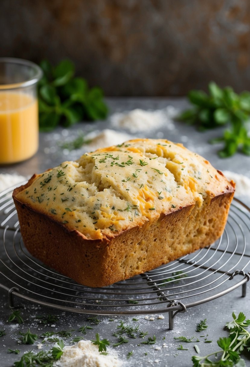 A rustic kitchen scene with a freshly baked cheese and herb quick bread cooling on a wire rack, surrounded by scattered flour and scattered herbs