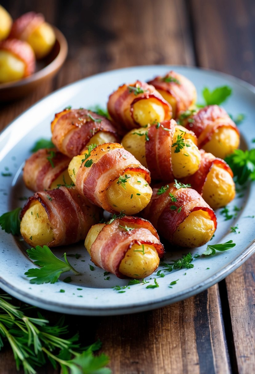 Crispy bacon-wrapped potato bites on a serving platter, garnished with fresh herbs and ready to be enjoyed as a delicious appetizer