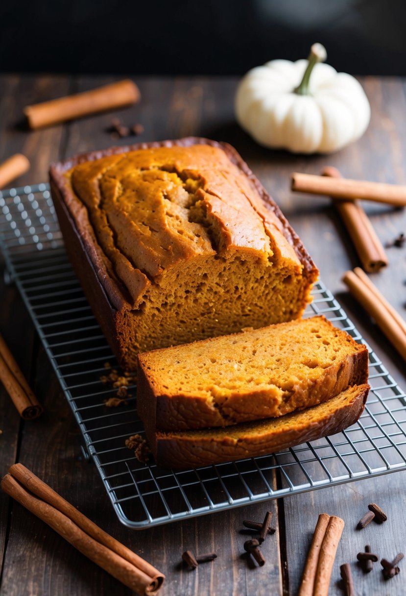 A warm loaf of pumpkin spice quick bread cooling on a wire rack, surrounded by scattered cinnamon sticks and whole cloves