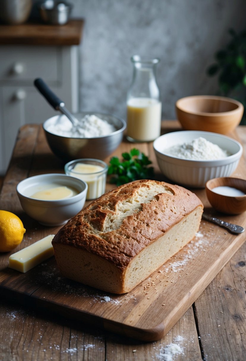 A rustic kitchen with a wooden table holding a freshly baked loaf of Irish soda bread, surrounded by ingredients like flour, buttermilk, and a mixing bowl