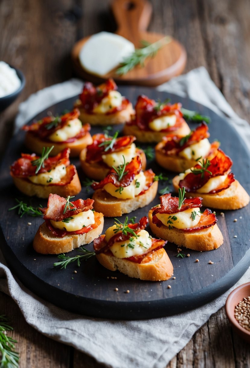 A platter of smoked pimiento cheese crostini topped with crispy bacon, arranged on a rustic wooden board