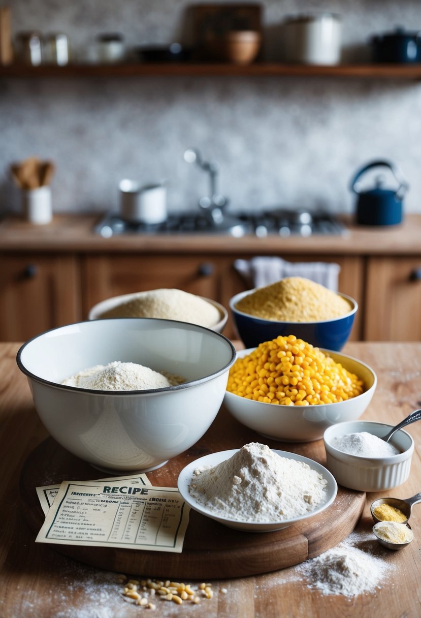 A rustic kitchen with a mixing bowl, cornmeal, flour, and other ingredients laid out on a wooden countertop. A vintage recipe card sits nearby