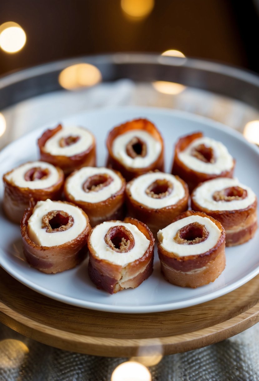 A plate of cream cheese and brown sugar bacon roll-ups arranged in a mouthwatering display, ready to be served as a delectable appetizer