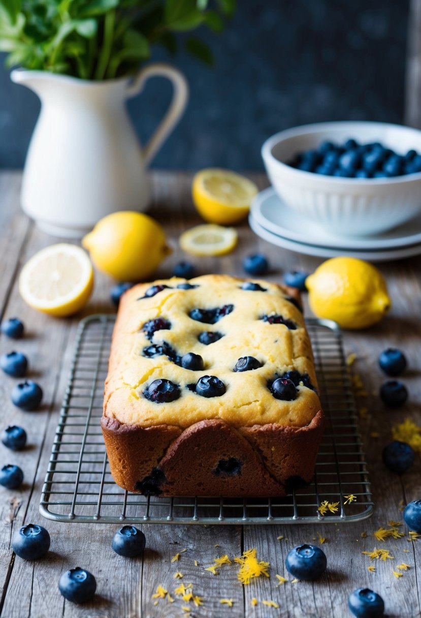 A rustic kitchen table with a freshly baked blueberry lemon quick bread cooling on a wire rack, surrounded by scattered blueberries and lemon zest