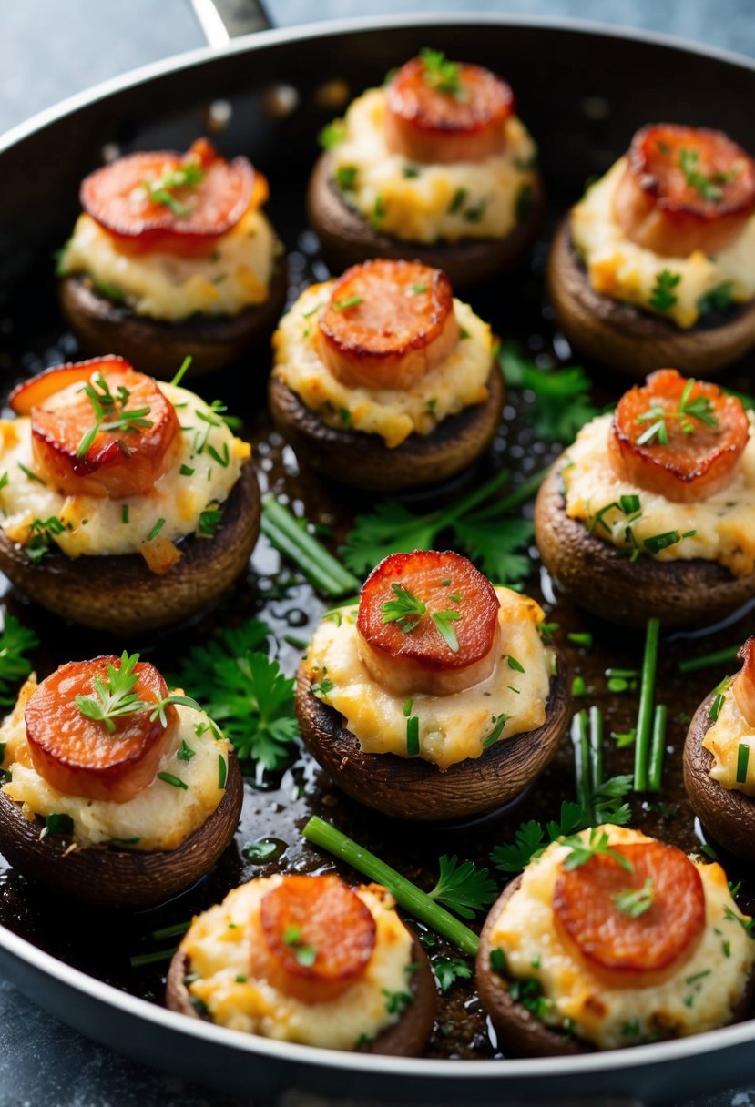 A platter of bacon and chive stuffed mushrooms, garnished with fresh herbs and sizzling in a hot pan