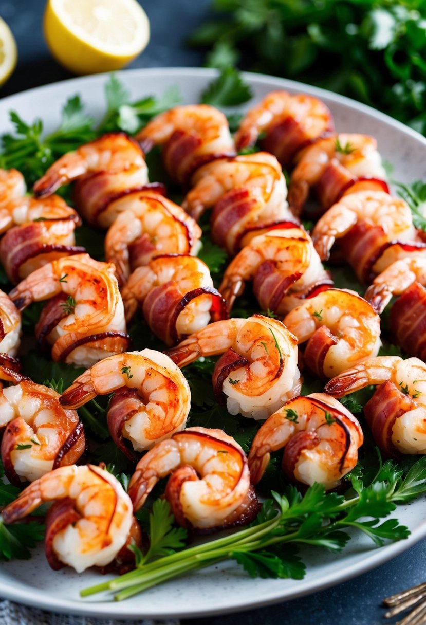 A platter of succulent bacon-wrapped shrimp arranged with fresh herbs and lemon slices