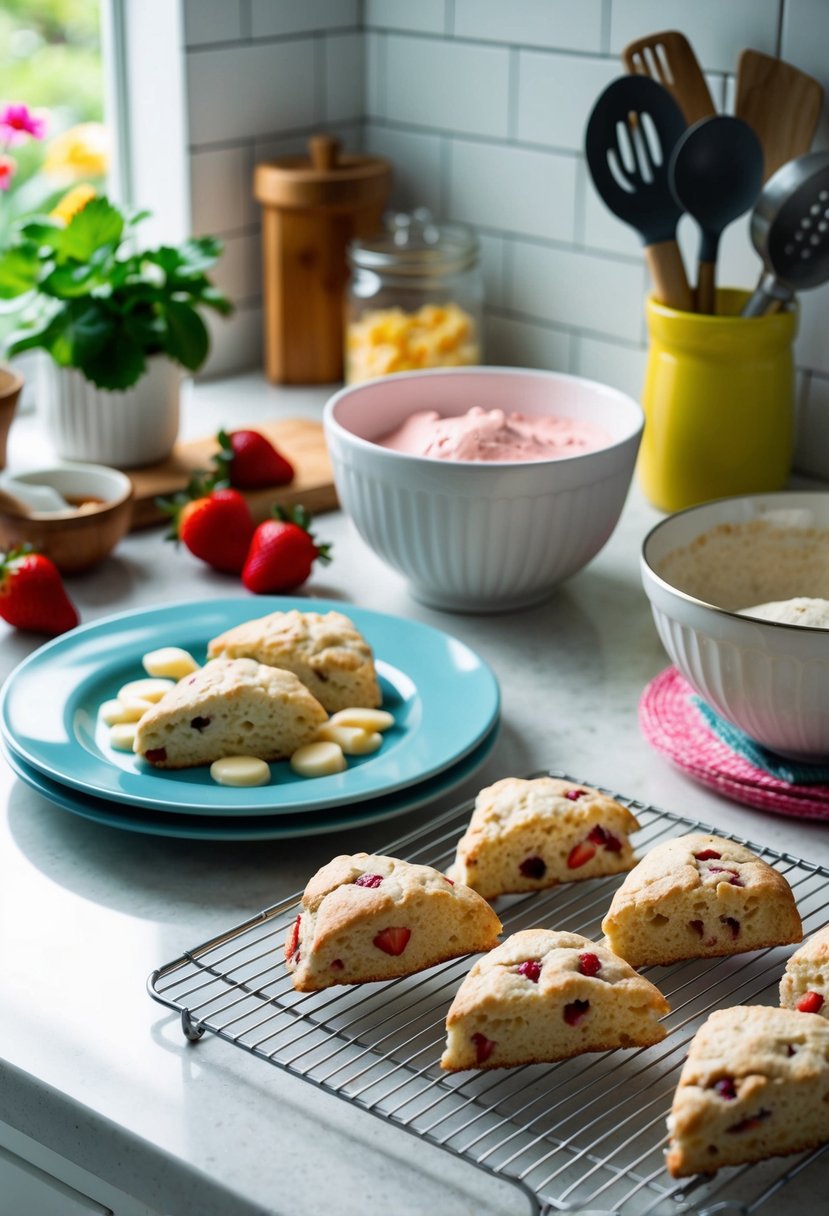 A kitchen counter with ingredients for strawberry white chocolate scones laid out, a mixing bowl and utensils, and a freshly baked batch cooling on a wire rack