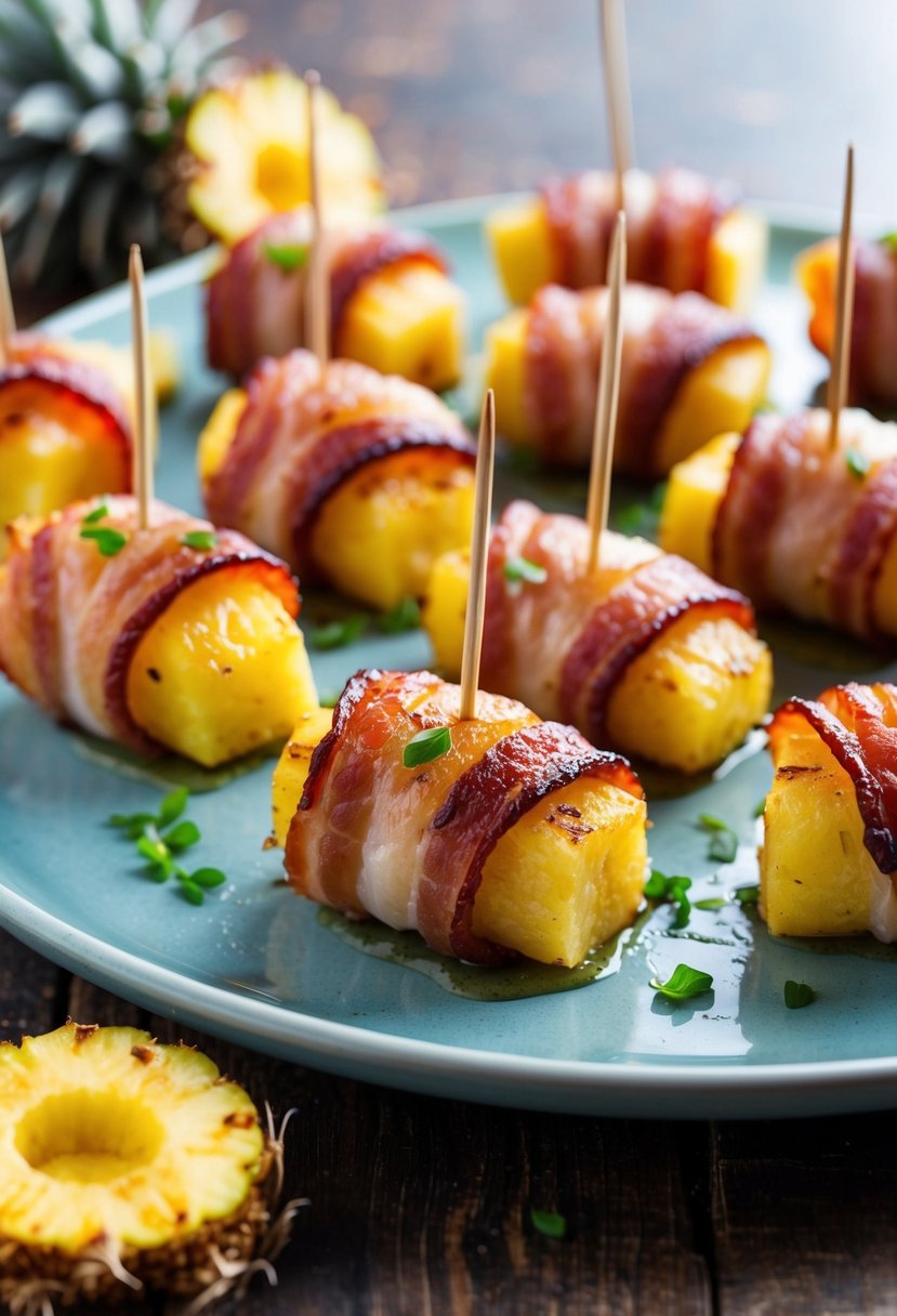 Sizzling bacon-wrapped pineapple bites on a serving platter with toothpicks