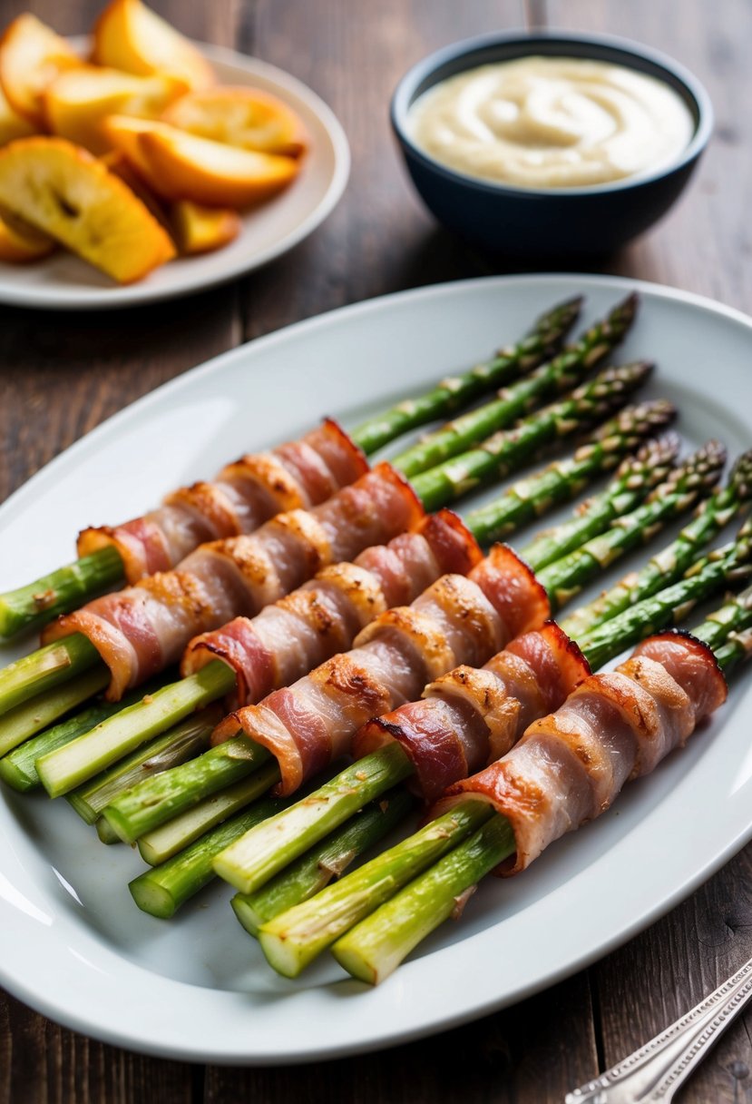 Asparagus spears wrapped in bacon arranged on a serving platter with a side of dipping sauce