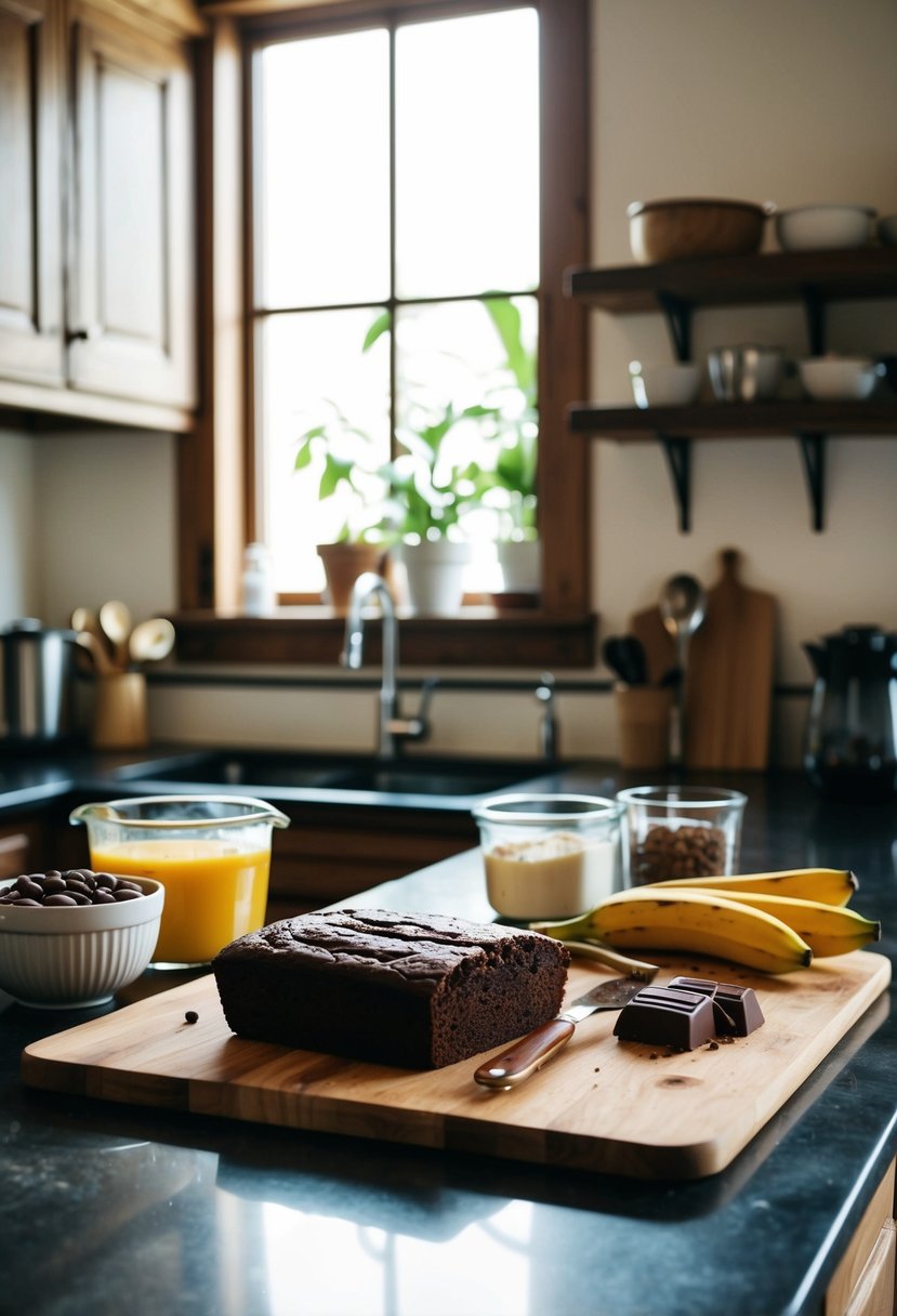 A rustic kitchen counter with ingredients and utensils for making double chocolate banana bread