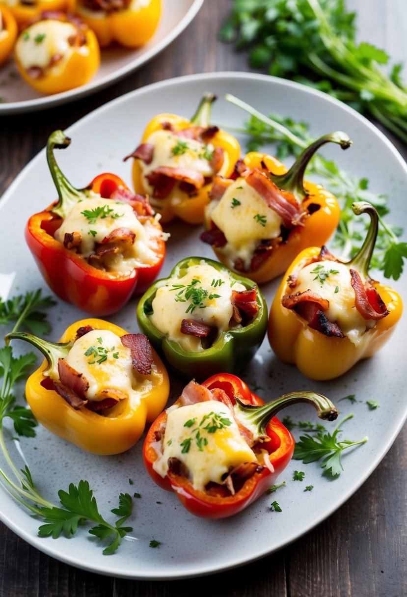 A platter of bacon and cheese stuffed peppers, garnished with fresh herbs and served as an appetizer