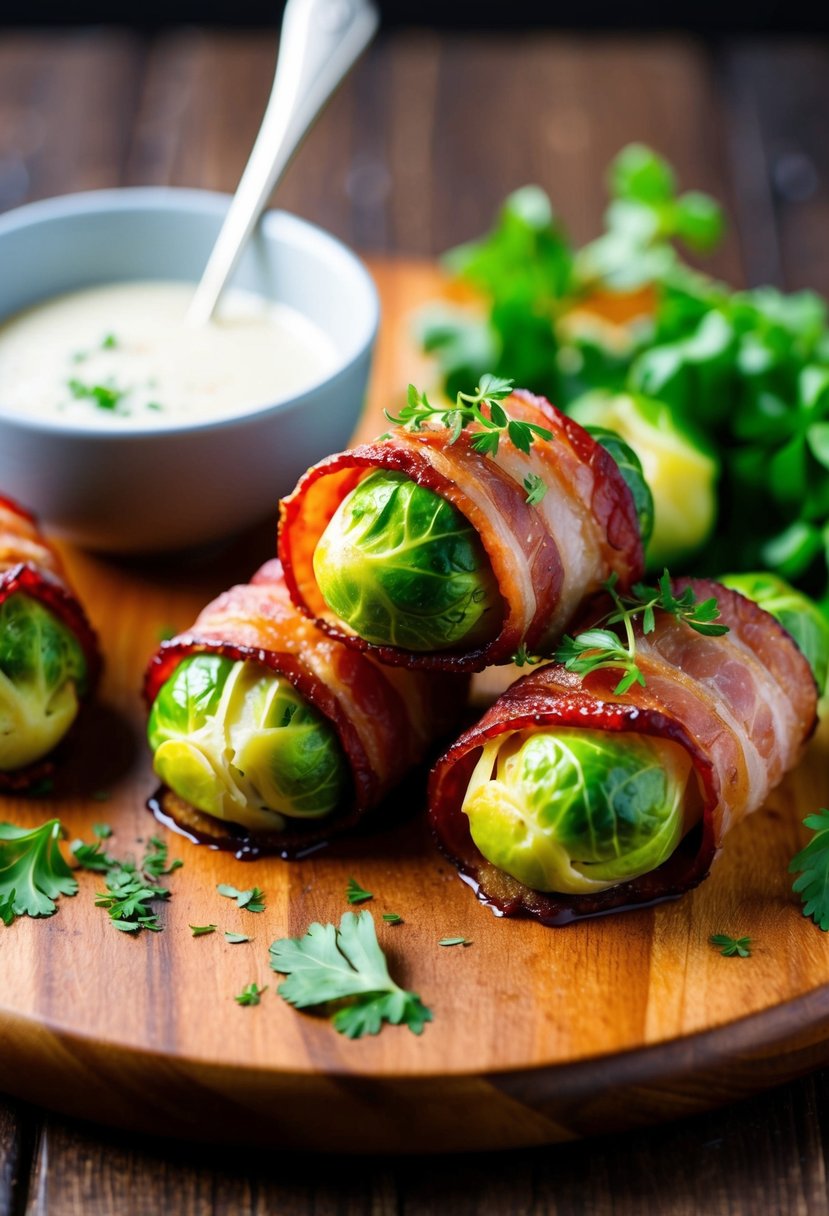 Brussel sprouts wrapped in bacon on a wooden platter, garnished with fresh herbs and served with a side of dipping sauce