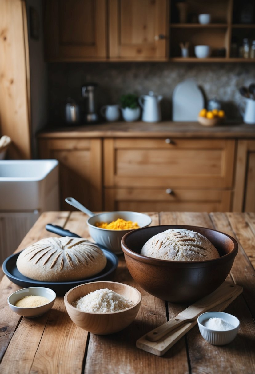 A rustic kitchen with a wooden table, a mixing bowl, and ingredients for no-knead crusty bread laid out. A warm, inviting atmosphere