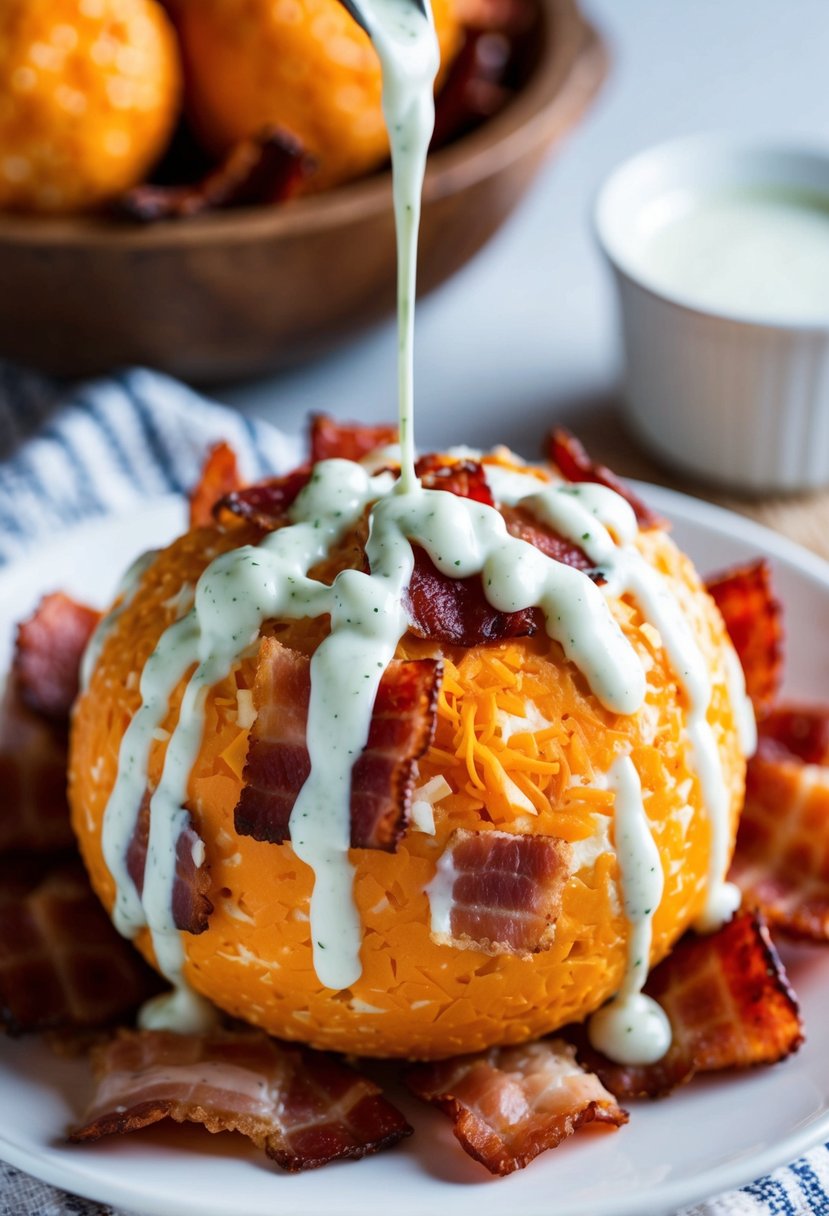 A cheese ball surrounded by crispy bacon and drizzled with ranch dressing