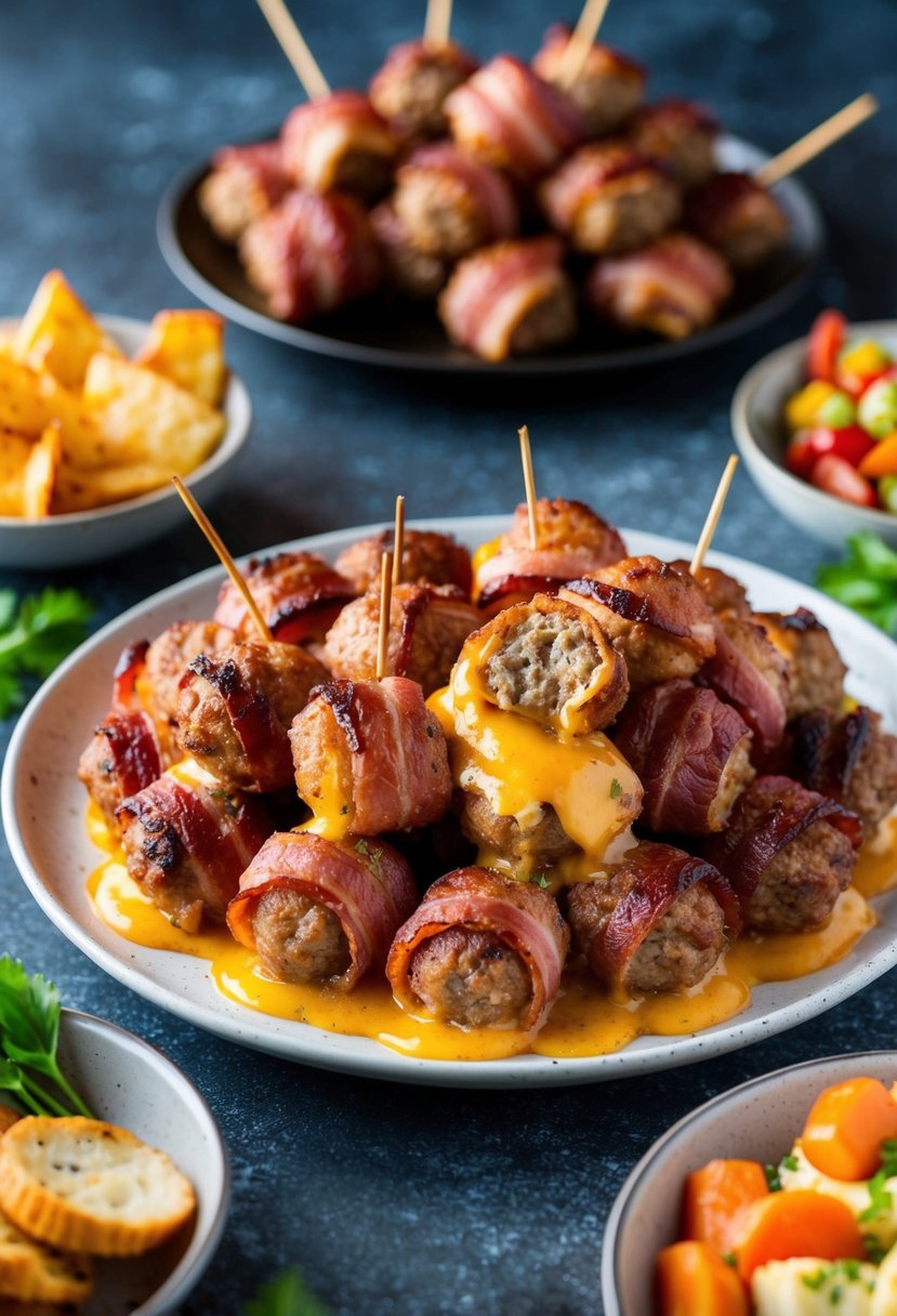 A platter of sizzling bacon-wrapped meatballs oozing with melted cheese, surrounded by savory appetizers