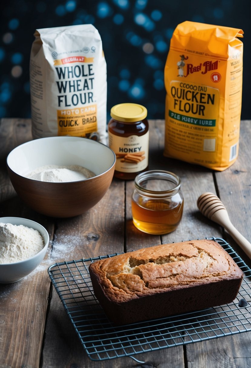 A rustic kitchen scene with a wooden table, a mixing bowl, a bag of whole wheat flour, a jar of honey, and a freshly baked loaf of quick bread cooling on a wire rack