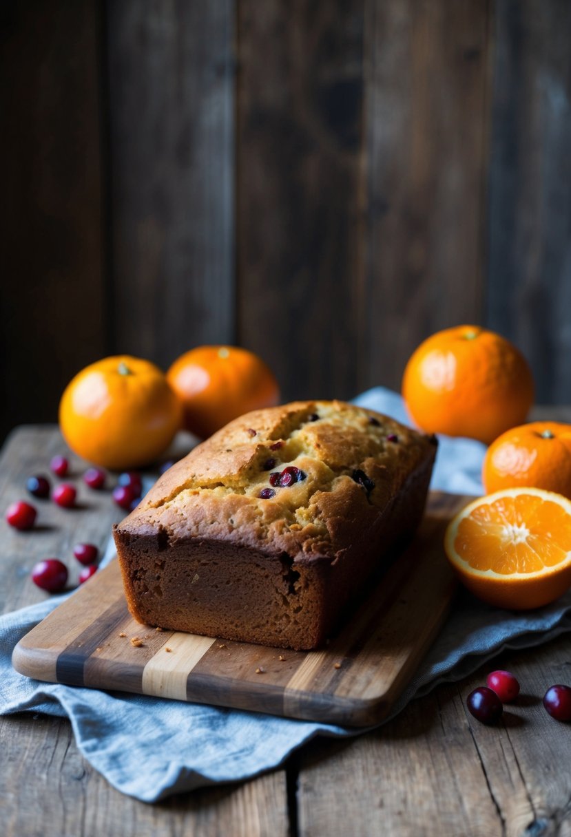 A rustic kitchen scene with a wooden table holding a loaf of orange cranberry quick bread, surrounded by fresh oranges and cranberries