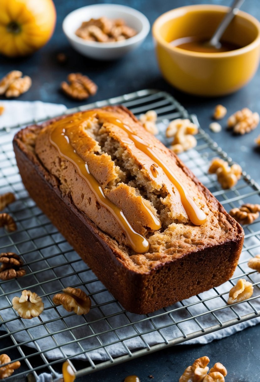 A loaf of maple walnut quick bread cooling on a wire rack, surrounded by scattered walnuts and a drizzle of maple glaze