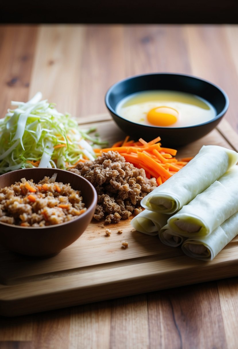 A wooden cutting board with various ingredients such as shredded cabbage, carrots, and ground pork, along with a stack of egg roll wrappers and a small bowl of beaten egg for sealing