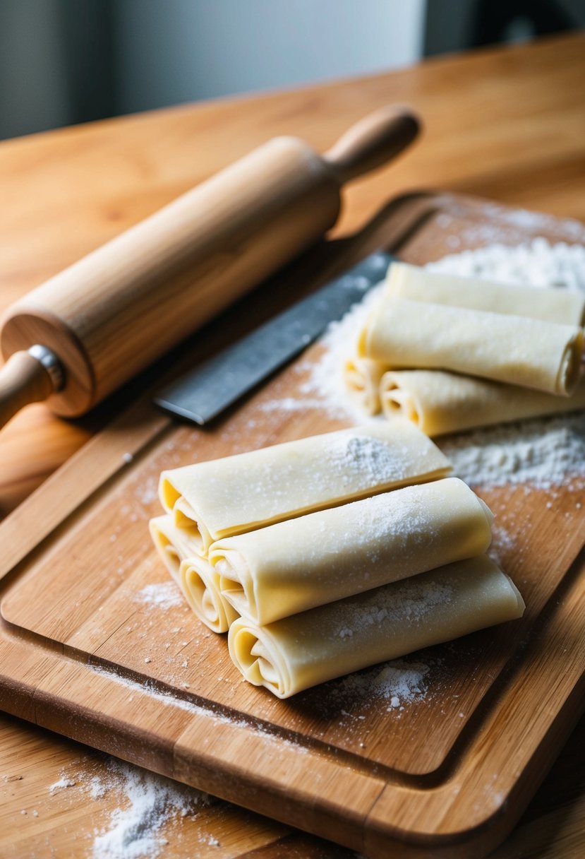 A wooden cutting board with a rolling pin, flour, and a stack of homemade egg roll wrappers