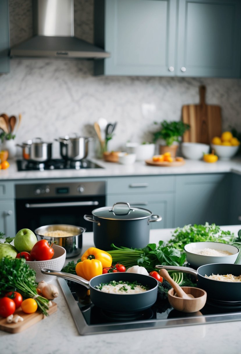 A kitchen counter with a variety of fresh ingredients, pots, pans, and utensils laid out for preparing supper recipes