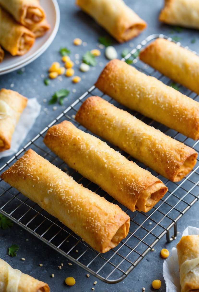 Freshly fried egg rolls cooling on a wire rack, surrounded by scattered egg roll wrappers and various ingredients