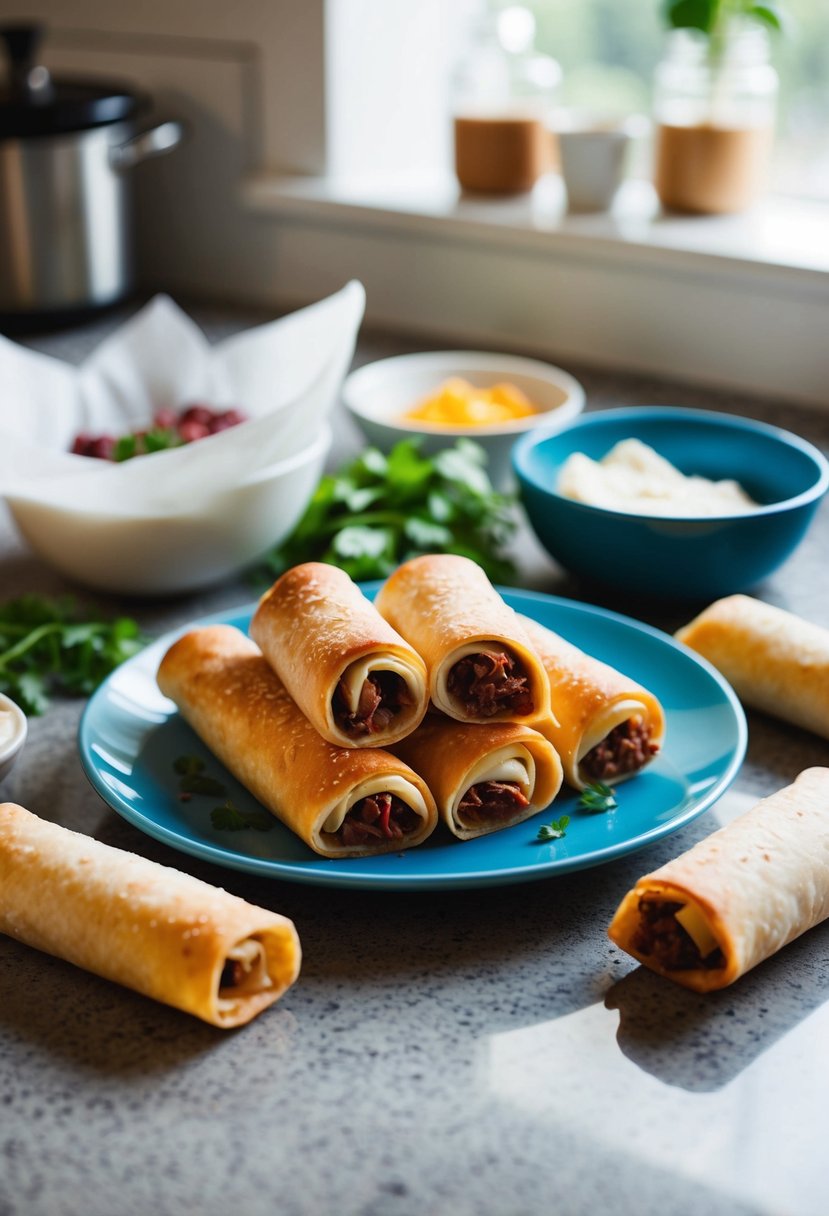 A plate of Reuben egg rolls, surrounded by ingredients and egg roll wrappers on a kitchen counter