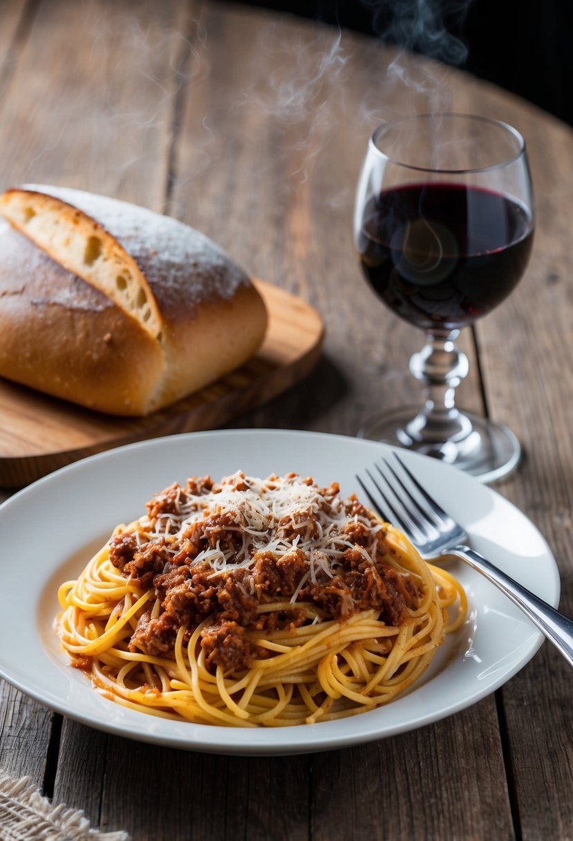 A steaming plate of spaghetti Bolognese topped with grated cheese, accompanied by a glass of red wine and a rustic loaf of bread on a wooden table