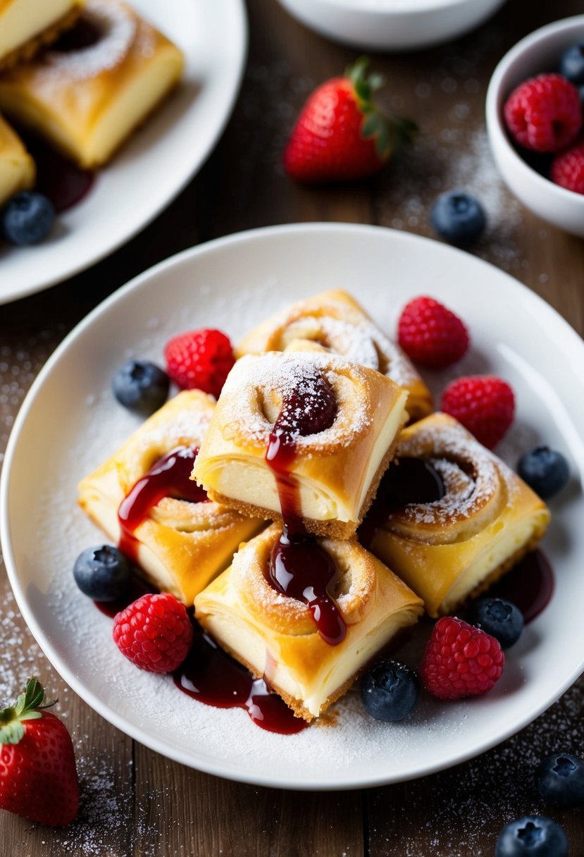 A plate of golden brown cheesecake egg rolls with a drizzle of sweet sauce, surrounded by fresh berries and a dusting of powdered sugar