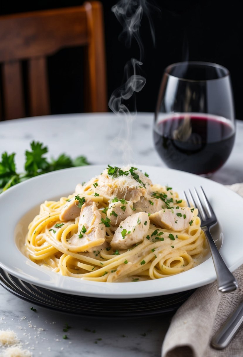 A steaming plate of Chicken Alfredo Pasta with a creamy white sauce, topped with grated parmesan and freshly chopped parsley, served alongside a glass of red wine