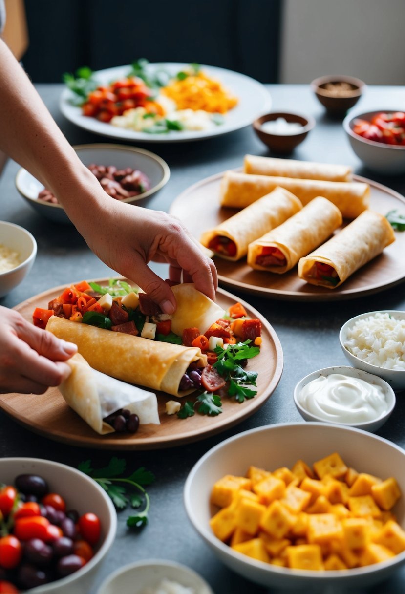 A table spread with antipasto ingredients being rolled into egg roll wrappers