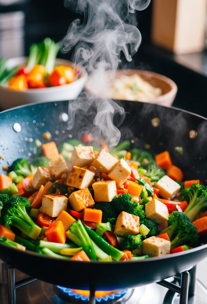 A colorful array of fresh vegetables and cubes of tofu sizzling in a wok, steam rising as they are tossed together with a savory sauce