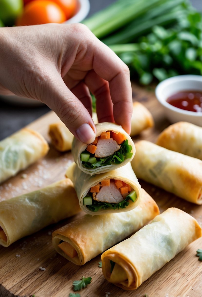 Freshly made vegetable and pork egg rolls being wrapped in egg roll wrappers