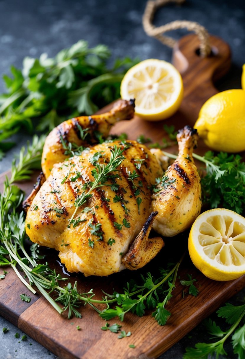 A sizzling grilled lemon herb chicken surrounded by fresh herbs and lemons on a rustic wooden cutting board