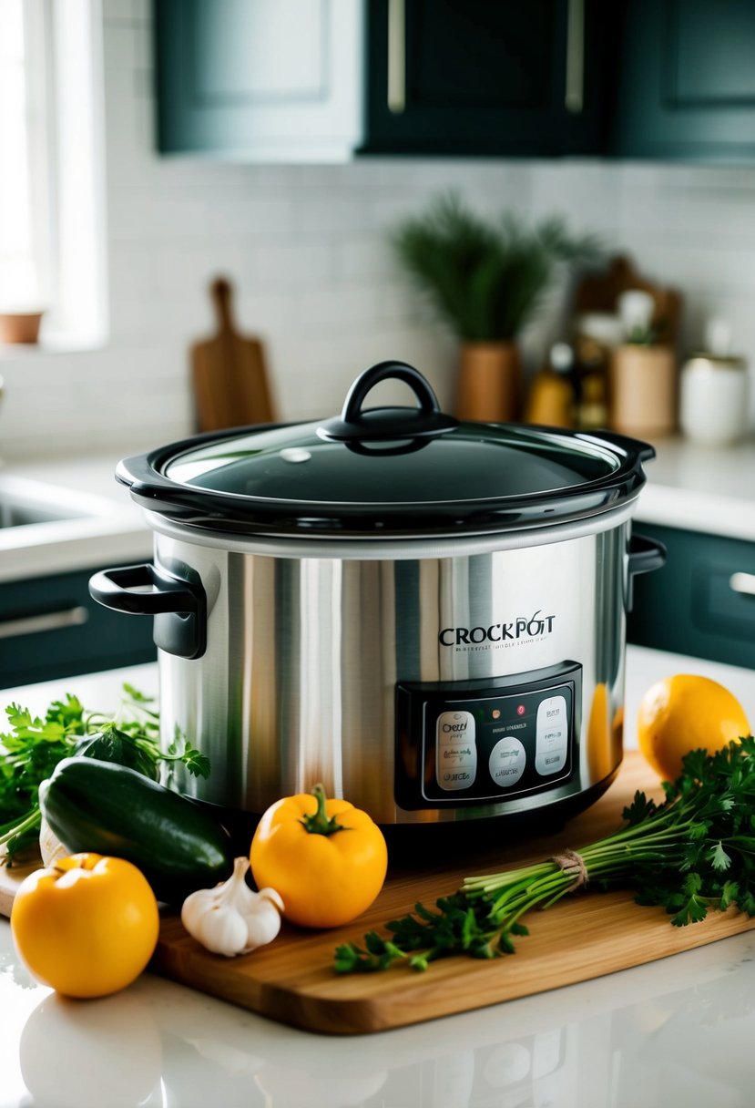 A crockpot surrounded by fresh ingredients on a clean kitchen counter