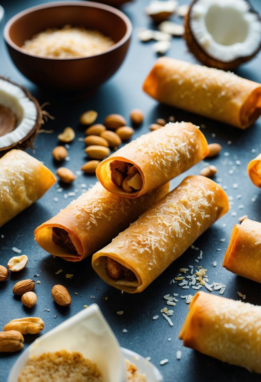 A table with coconut and nut egg rolls, egg roll wrappers, and various ingredients scattered around