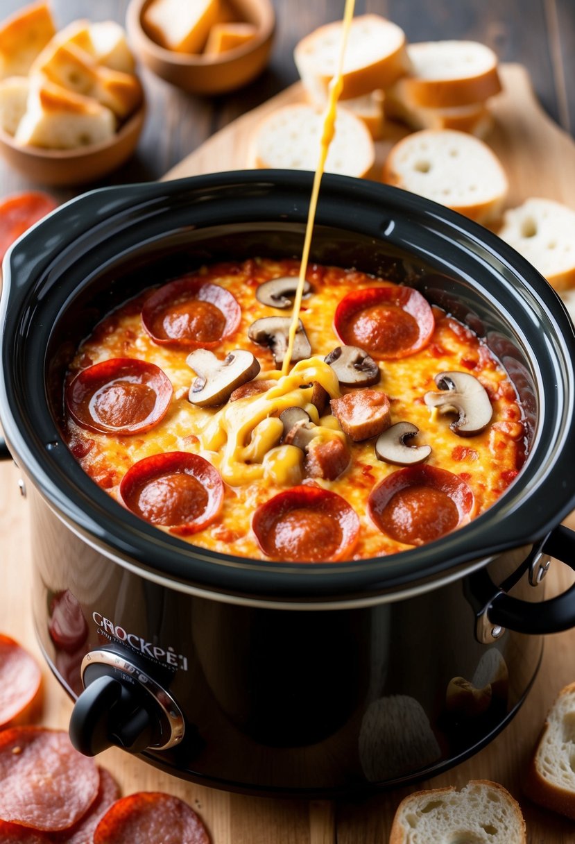 A bubbling crockpot filled with gooey, cheesy pizza fondue surrounded by slices of pepperoni, mushrooms, and chunks of crusty bread for dipping