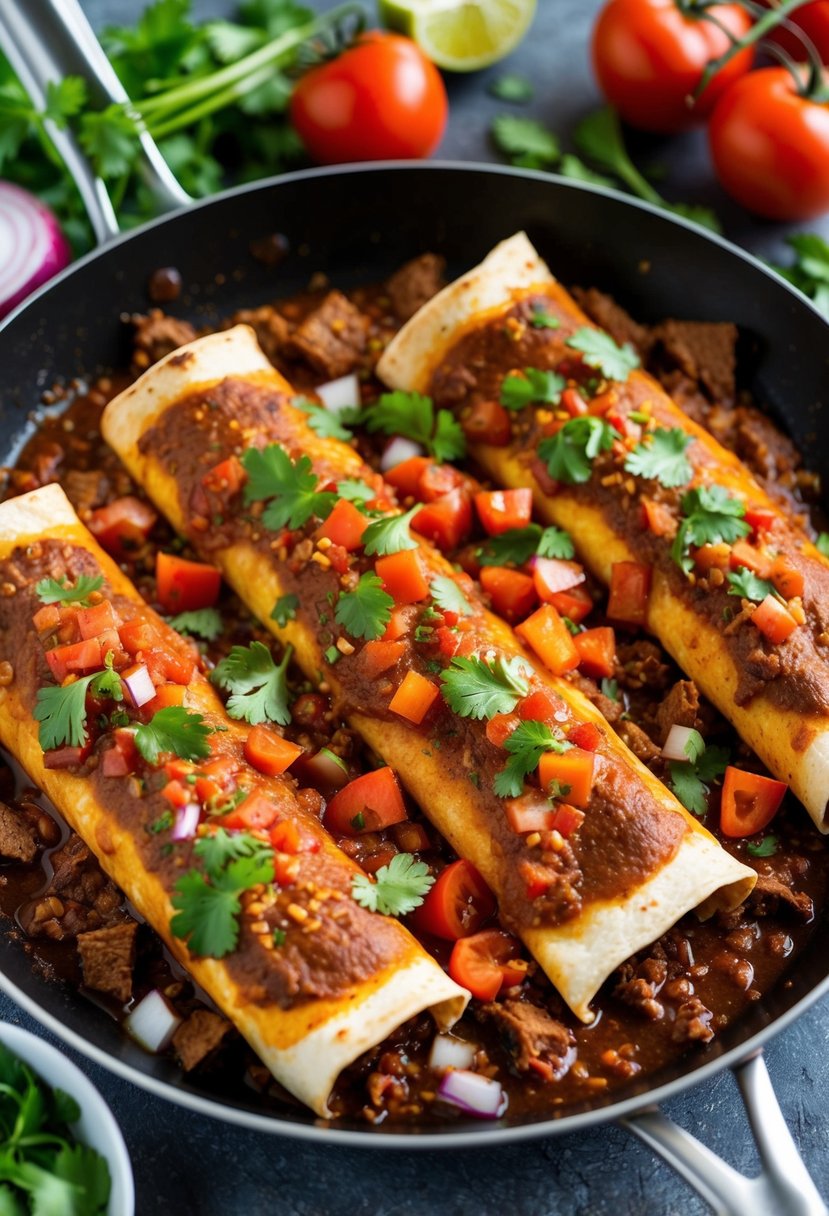 A sizzling skillet of beef enchiladas covered in spicy salsa, surrounded by vibrant ingredients like tomatoes, onions, and cilantro